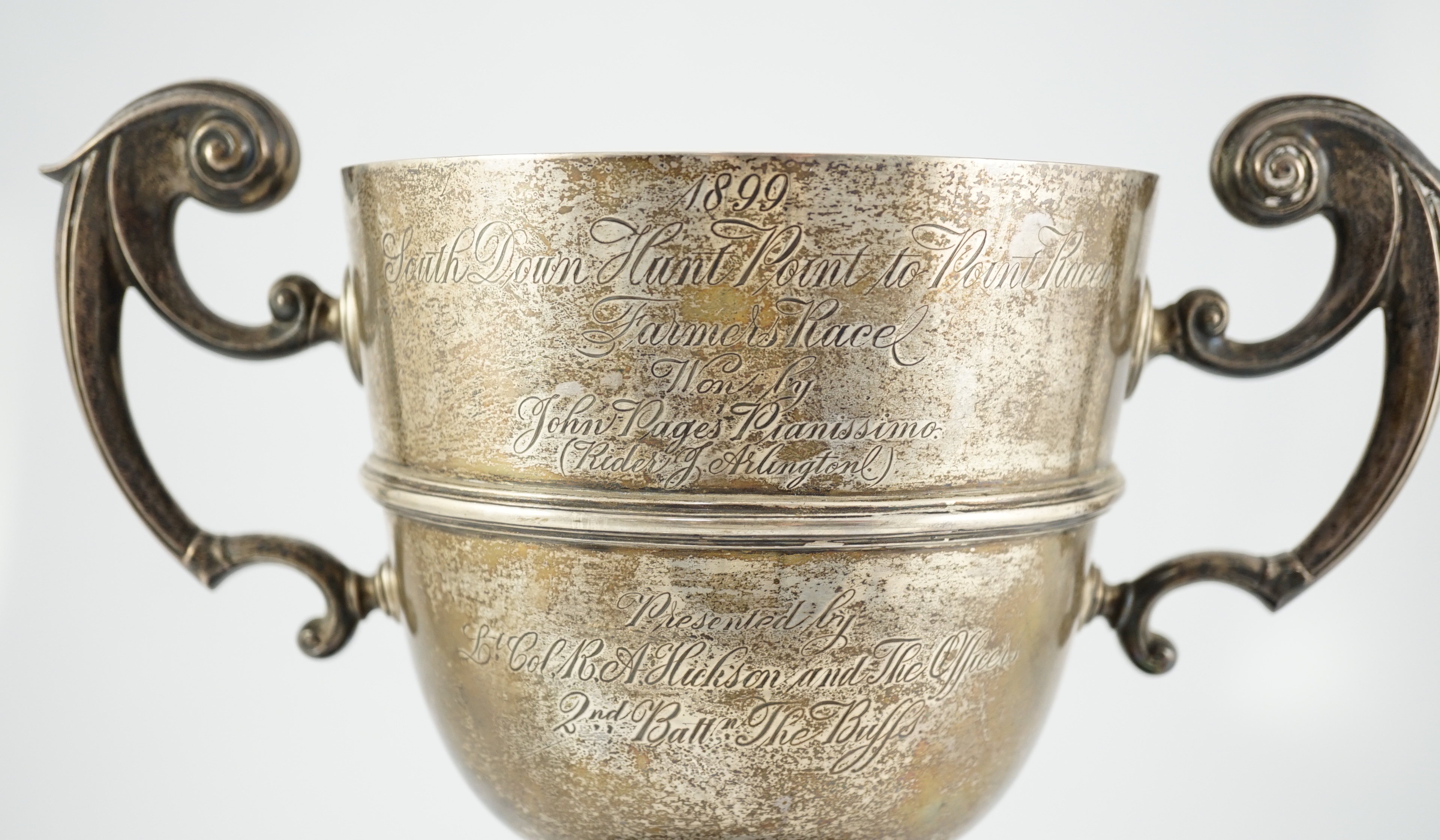 A late Victorian silver two handled trophy cup, with horse racing inscription relating to the South Down Hunt Point to Point, by James Deakin & Sons